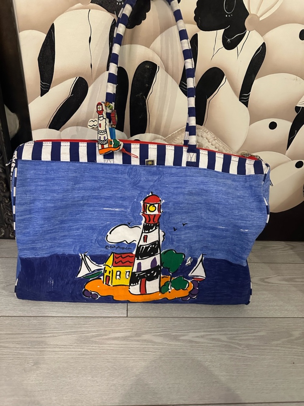 Striped Handle Nautical Lighthouse Tote - Blue with Multicolor Artwork